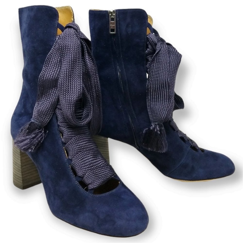 CHLOE Ankle Boots, Style #CH25533, Blue Lagoon, Testa Cuoio Nero Heel, EUR 38.5